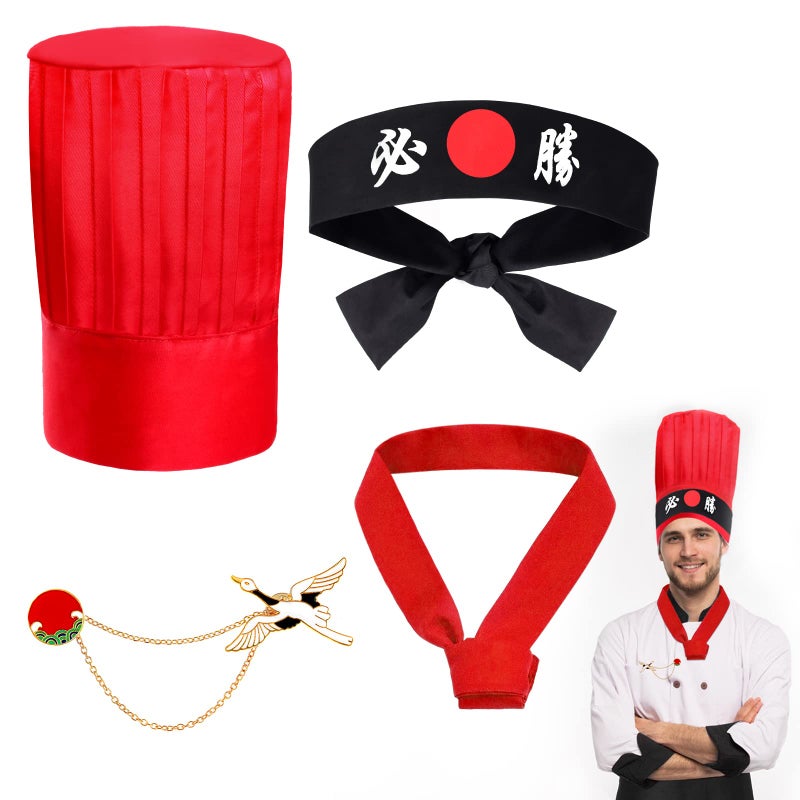 Keymall Costume Headwear Chef Hat  Hibachi Japanese Teppanyaki Tall Cap with Hachimaki Headband  Set B - Red - Image 1